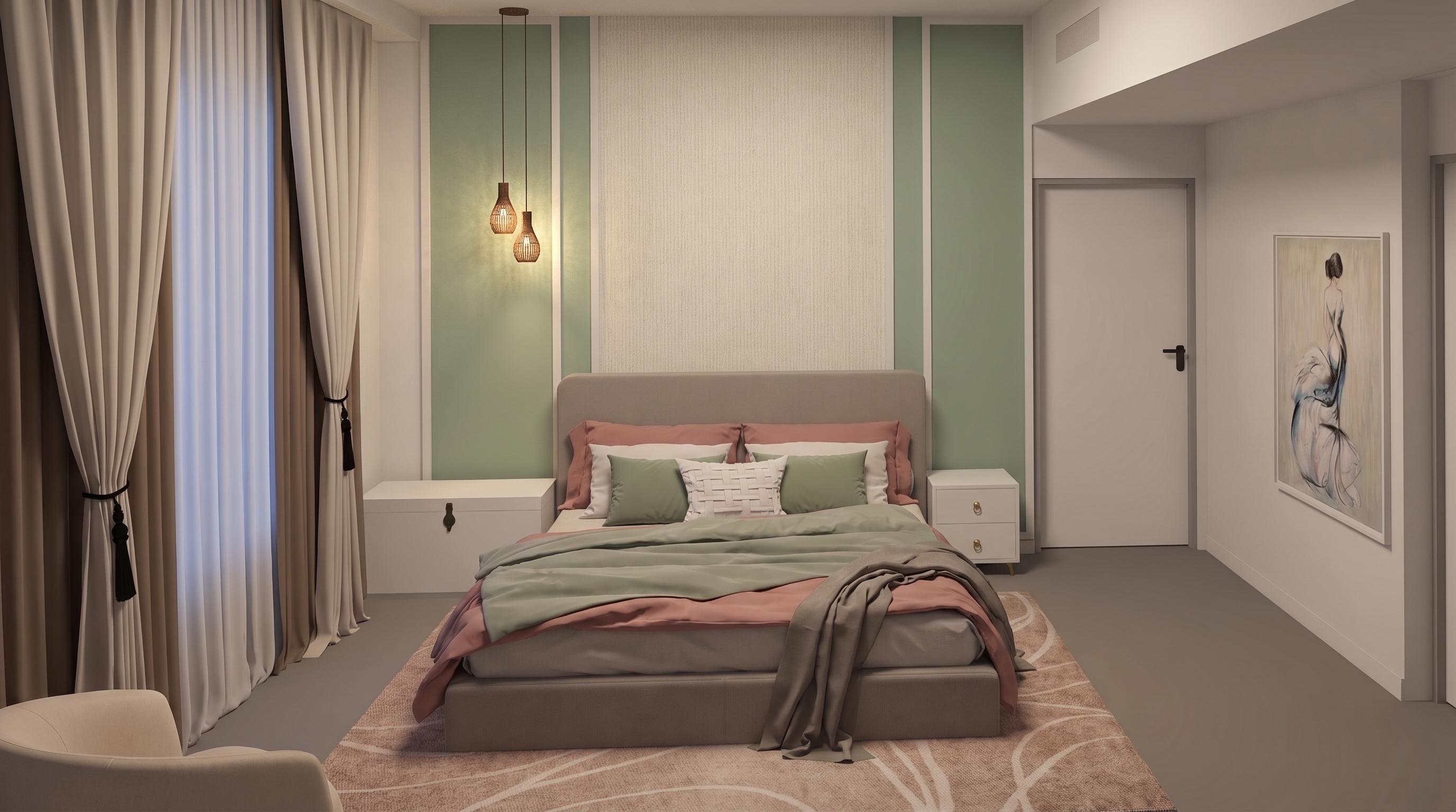 Bedroom with sage wall panels, woven pendant lights, blush and sage bedding, and full-height curtains